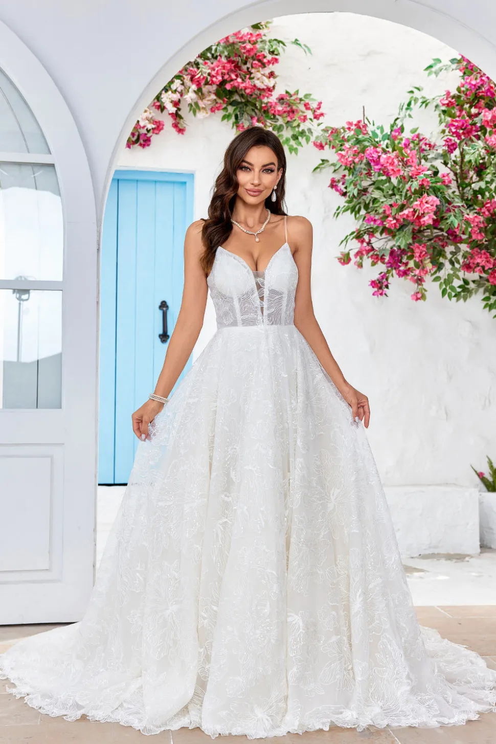 Charmoso A Line Spaghetti Straps Damasco Vestido de Noiva Longo com Sweep Train