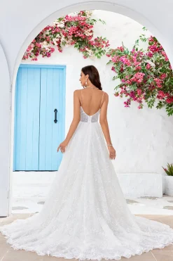 Charmoso A Line Spaghetti Straps Damasco Vestido de Noiva Longo com Sweep Train