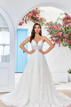 Charmoso A Line Spaghetti Straps Damasco Vestido de Noiva Longo com Sweep Train