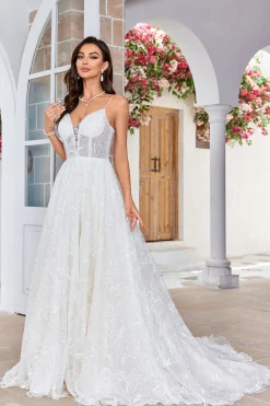 Charmoso A Line Spaghetti Straps Damasco Vestido de Noiva Longo com Sweep Train