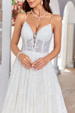Charmoso A Line Spaghetti Straps Damasco Vestido de Noiva Longo com Sweep Train