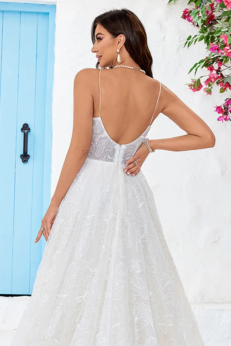 Charmoso A Line Spaghetti Straps Damasco Vestido de Noiva Longo com Sweep Train