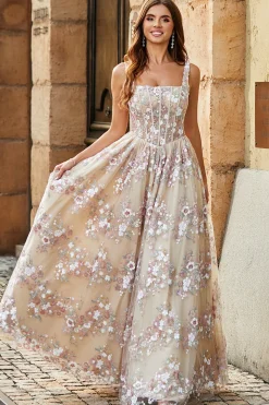 Charmoso A Line Square Neck Champagne Corset Prom Dress com Appliques