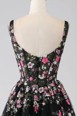 Charmoso A Line Square Neck Champagne Corset Prom Dress com Appliques