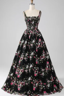 Charmoso A Line Square Neck Preto Corset Prom Dress com Appliques