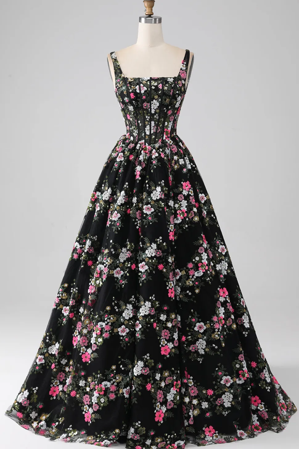 Charmoso A Line Square Neck Preto Corset Prom Dress com Appliques
