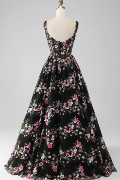 Charmoso A Line Square Neck Preto Corset Prom Dress com Appliques