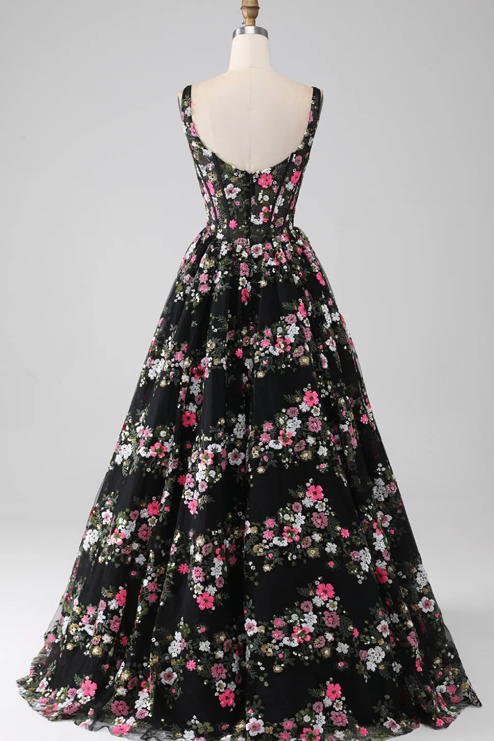 Charmoso A Line Square Neck Preto Corset Prom Dress com Appliques
