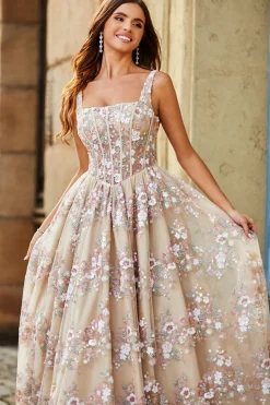 Charmoso A Line Square Neck Preto Corset Prom Dress com Appliques