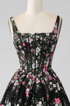 Charmoso A Line Square Neck Preto Corset Prom Dress com Appliques