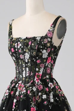Charmoso A Line Square Neck Preto Corset Prom Dress com Appliques