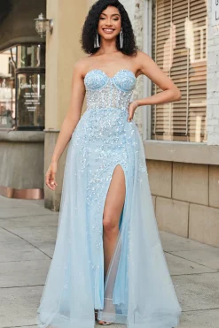 Charmoso A Line Sweetheart Blue Corset Prom Dress com Beading Slit