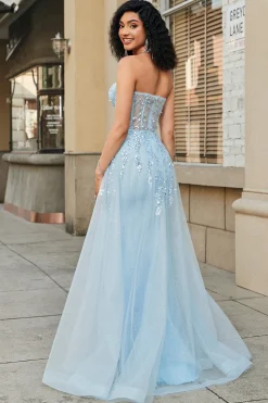 Charmoso A Line Sweetheart Blue Corset Prom Dress com Beading Slit