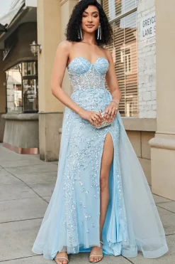 Charmoso A Line Sweetheart Blue Corset Prom Dress com Beading Slit