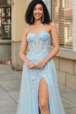 Charmoso A Line Sweetheart Blue Corset Prom Dress com Beading Slit