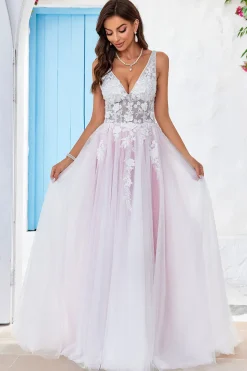 Charmoso A Line V-Neck Rosa Tulle Varredura Trem Vestido de Noiva com Apliques