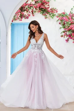 Charmoso A Line V-Neck Rosa Tulle Varredura Trem Vestido de Noiva com Apliques