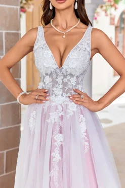 Charmoso A Line V-Neck Rosa Tulle Varredura Trem Vestido de Noiva com Apliques