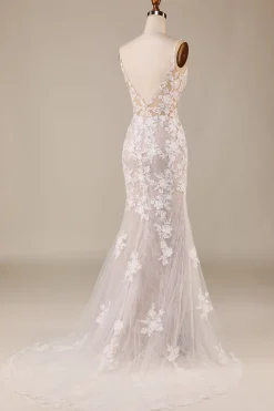 Charmoso Sereia Esparguete Correias Marfim Vestido de Noiva Longo com Renda