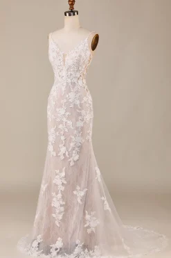 Charmoso Sereia Esparguete Correias Marfim Vestido de Noiva Longo com Renda