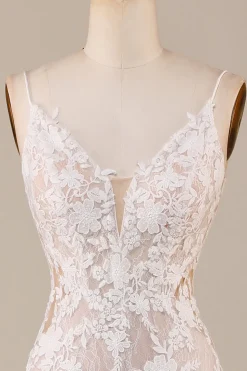 Charmoso Sereia Esparguete Correias Marfim Vestido de Noiva Longo com Renda