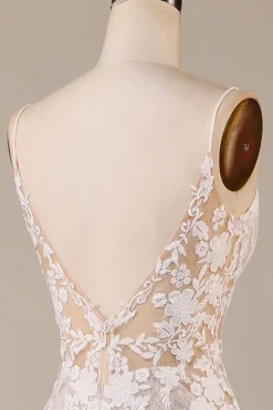 Charmoso Sereia Esparguete Correias Marfim Vestido de Noiva Longo com Renda