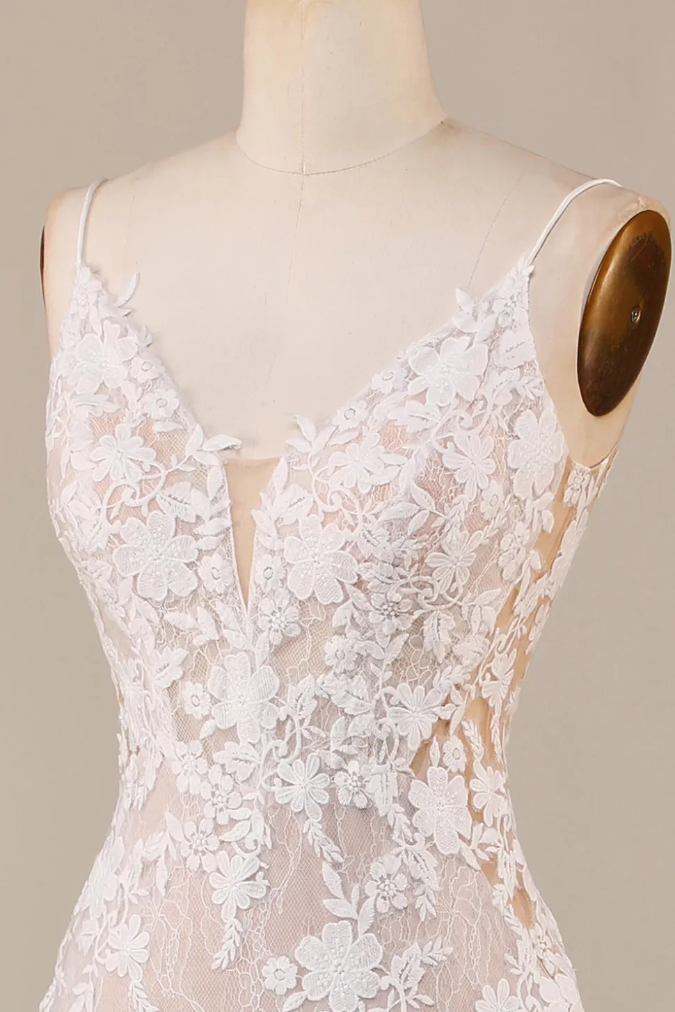 Charmoso Sereia Esparguete Correias Marfim Vestido de Noiva Longo com Renda