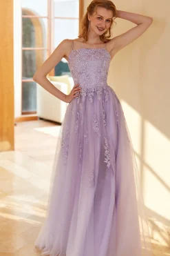 Charmoso um espaguete de linha alças leve roxo longo vestido de baile com apliques