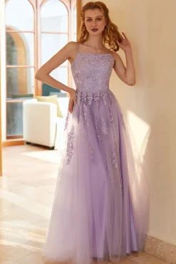 Charmoso um espaguete de linha alças leve roxo longo vestido de baile com apliques