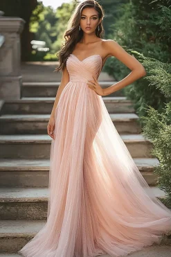 Chic Blush Querida A-Line Ruched Tulle Long Prom Dress Com Fenda