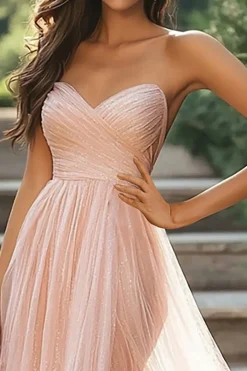 Chic Blush Querida A-Line Ruched Tulle Long Prom Dress Com Fenda