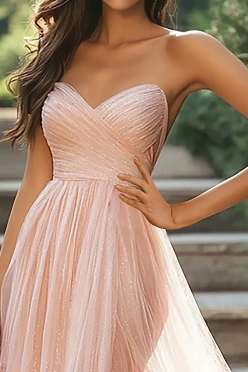 Chic Blush Querida A-Line Ruched Tulle Long Prom Dress Com Fenda