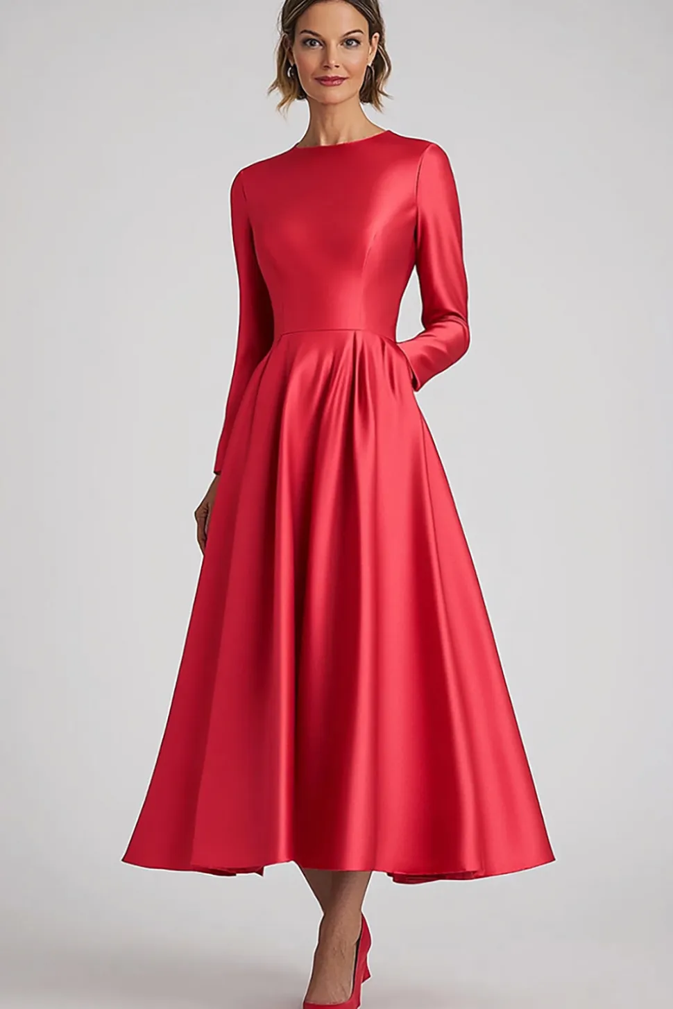 Chic Coral Uma Linha manga longa Mãe De Noiva Vestido