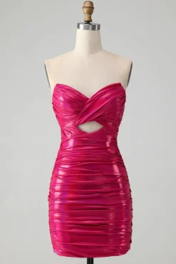 Chic Fuchsia Strapless Keyhole plissado apertado Homecoming Dress