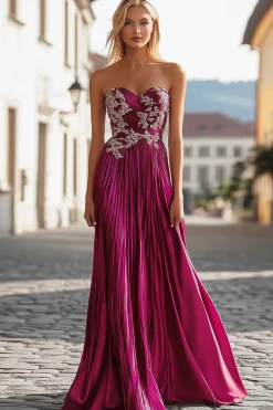 Chic Fuchsia Strapless Querida Long Prom Dress Com Bordado