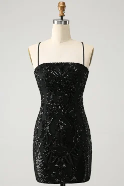Chic Glitter Preto Esparguete Correias Apertado Homecoming Dress com Sequins
