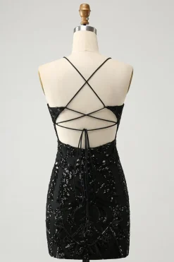 Chic Glitter Preto Esparguete Correias Apertado Homecoming Dress com Sequins