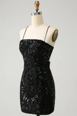 Chic Glitter Preto Esparguete Correias Apertado Homecoming Dress com Sequins