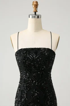 Chic Glitter Preto Esparguete Correias Apertado Homecoming Dress com Sequins