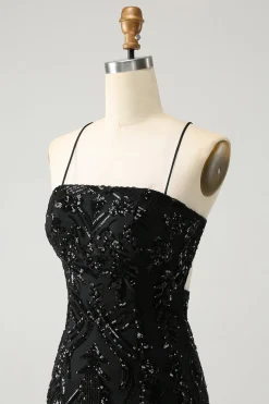 Chic Glitter Preto Esparguete Correias Apertado Homecoming Dress com Sequins