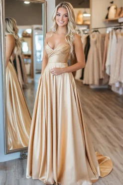 Chic Gold Querida A-Line Ruched Cetim Long Prom Dress