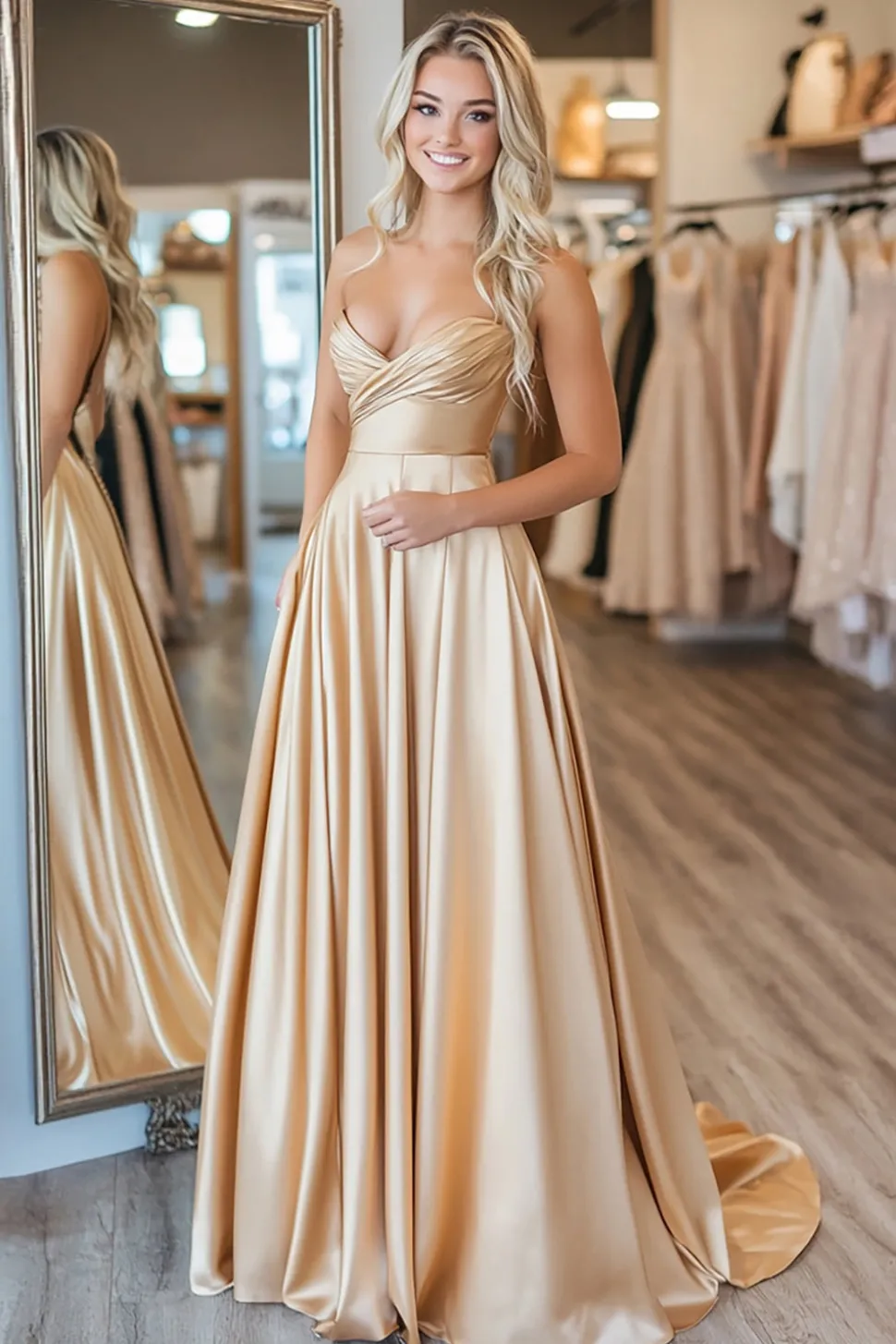 Chic Gold Querida A-Line Ruched Cetim Long Prom Dress