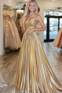 Chic Gold Uma linha Deep-V cetim plissado longo vestido de baile