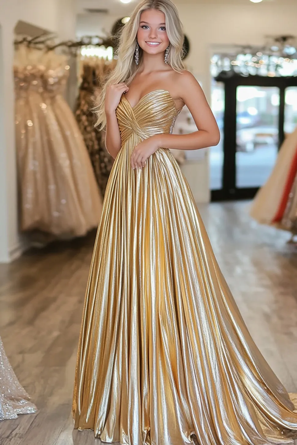 Chic Gold Uma linha Deep-V cetim plissado longo vestido de baile