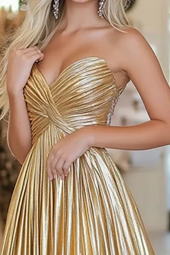 Chic Gold Uma linha Deep-V cetim plissado longo vestido de baile