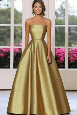 Chic Metallic Gold Satin Uma Linha Strapless Vestido de Gala