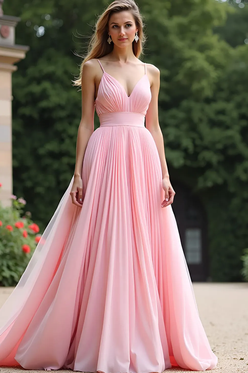 Chic Pink Uma linha plissada Chiffon V pescoço vestido dama de honra