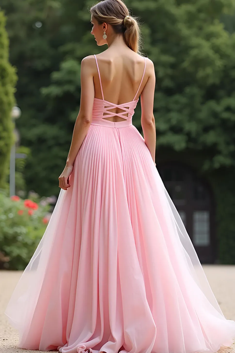 Chic Pink Uma linha plissada Chiffon V pescoço vestido dama de honra