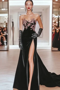 Chic Preto Querida Sereia Applique Cetim Long Prom Dress com Fenda