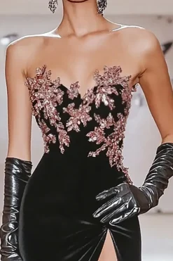 Chic Preto Querida Sereia Applique Cetim Long Prom Dress com Fenda